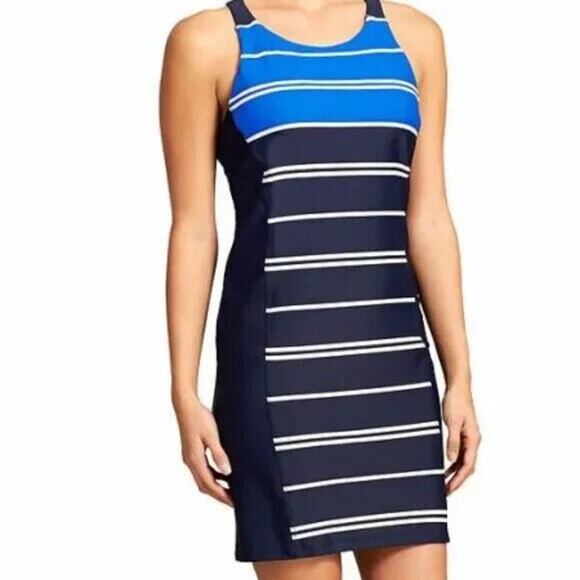 Athleta Swim Dress Small Beach Swim Padded Shelf Bra Colorblock Striped Blue - Picture 12 of 12